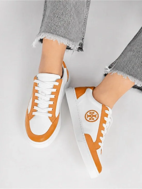 Tory Burch Color Block T Logo Leather Sneakers White Orange Women’s US 10.5 NWT