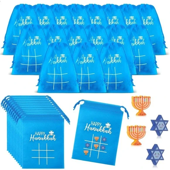 Happy Hanukkah Tic Tac Toe Game‎ Set Blue Drawstring Bags Wooden Pieces Bulk