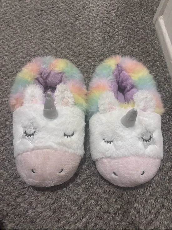 Girls Rainbow Unicorn Plush Slippers - Pastel