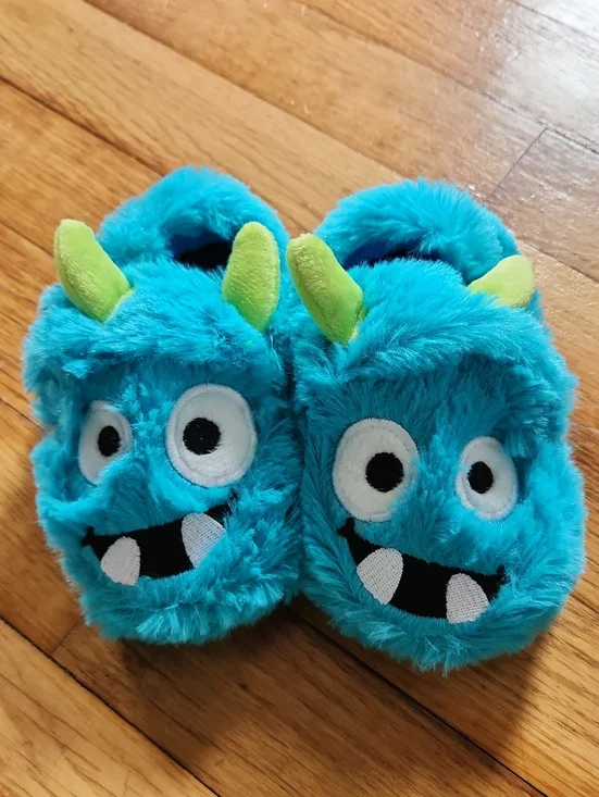 Plush Blue Monster Kids Slippers with Lime Horns