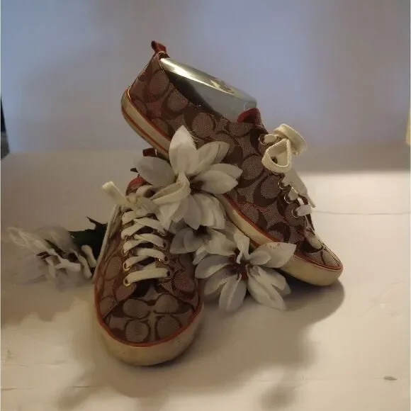 🆕👟Coach Suzzy Logo Jacquard Tan and Orange Sneakers