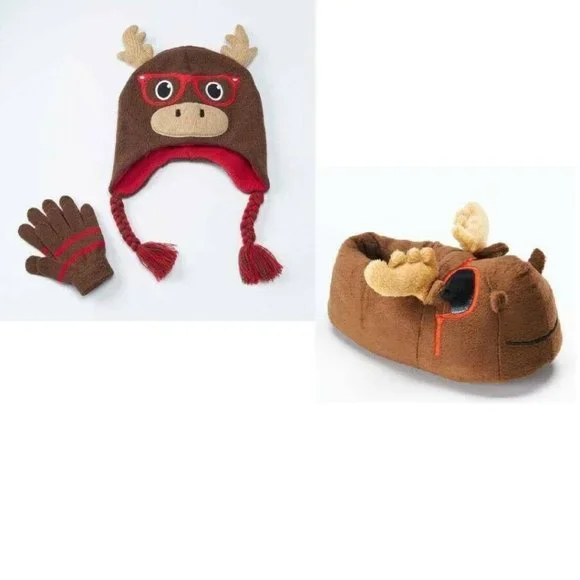 Boys Moose Slippers, Hat & Gloves Brown sz 13/1 Kids Sunglasses Plush Winter Set