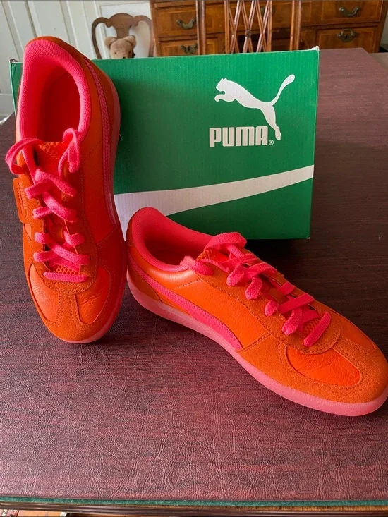 Puma Orange and Pink Low-Top Suede & Leather Sneakers with neon pink laces