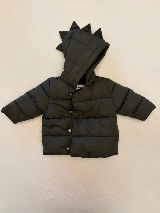 Infant Dinosaur Hooded Puffer Jacket - Dark Olive- 3-6mo
