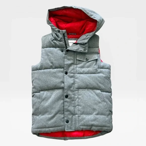 Old Navy Kids Grey Quilted Hooded Puffer Vest Red Lining Size L 10-12