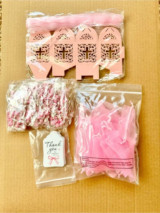 100 Piece Pink Baptism Favors Set with Rosary, Tags, Pink Bags, Cross Boxes
