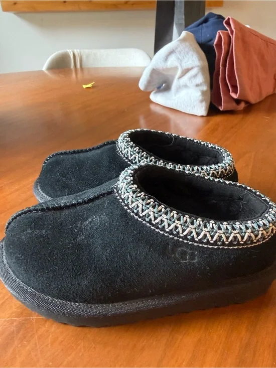 UGG Kids Black Suede Slip-On Slippers with Decorative Trim