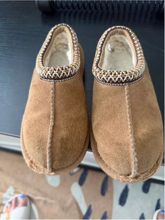 Child UGG Brown Suede Slippers with White Trim, Size 13c
