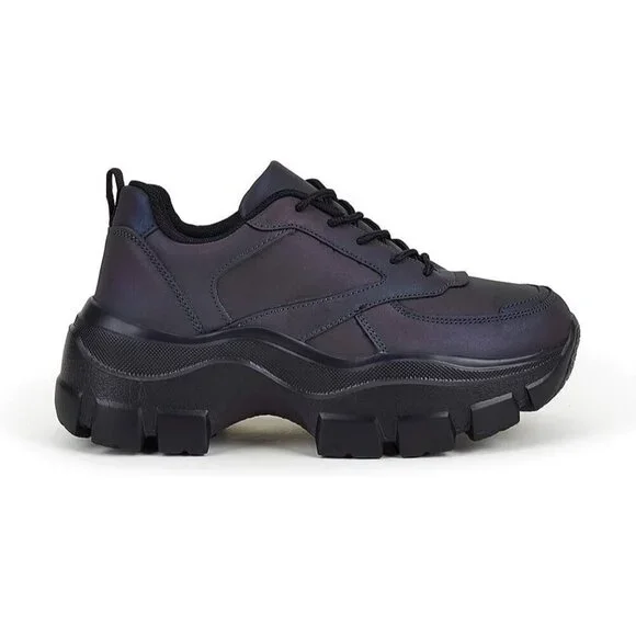 Women Charcoal Platform Fuchsia Hologram Casual Lace-Up Sneakers