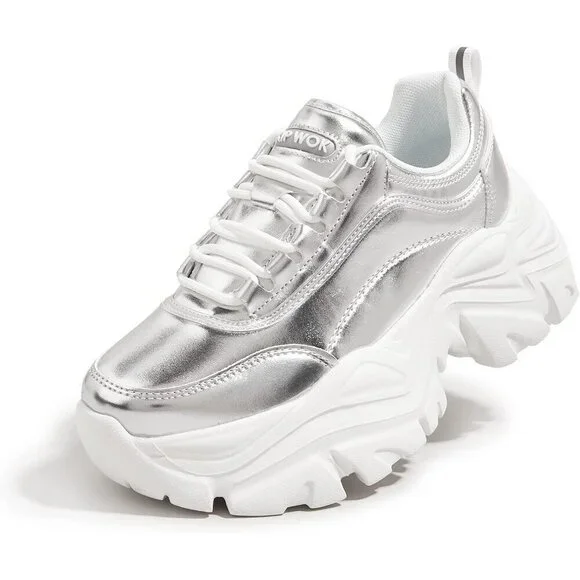 Women Leather Silver  Comfortable Wedge Walking Sport Sneakers Shoes