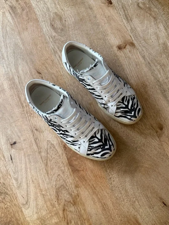 Saint Laurent Paris Zebra Print Lace-Up Sneakers in White and Black