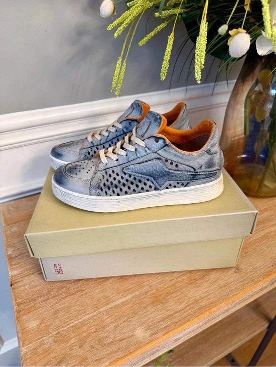 A.S.98 Women's Gray/blue Leather Perforated Low-Top Sneakers