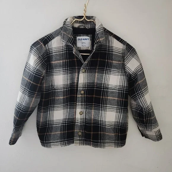 Old Navy Kids Sherpa‎ Lined Flannel Shirt Jacket Black White Plaid Size S 6-7