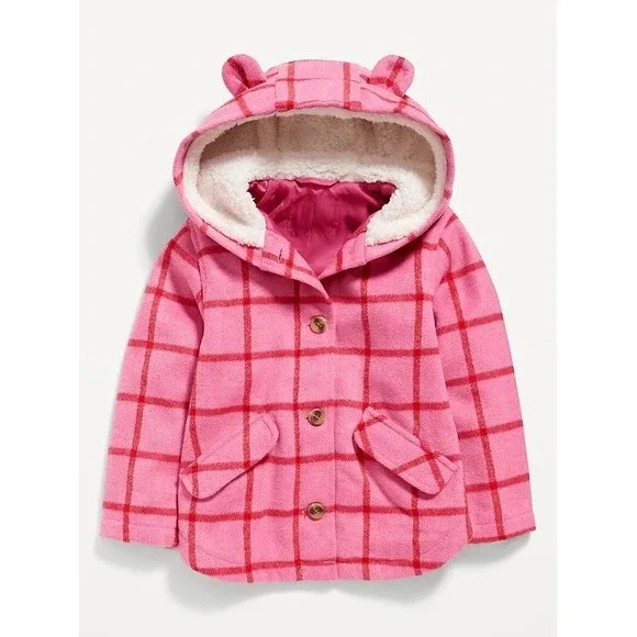 ✨ Old Navy Plaid Button-Front Critter Hooded Coat Toddler‎ Size 3T  Pink Plaid
