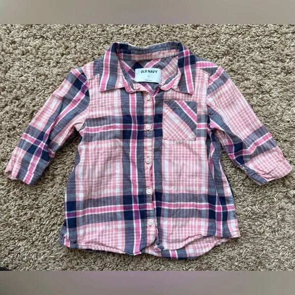 Old Navy Girls Plaid Button-Down Tunic Shirt | Pink & Navy | Size 3T