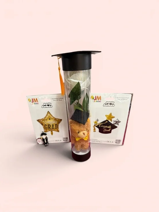 Graduation Gift Tube with Teddy and Black Cap - JM
