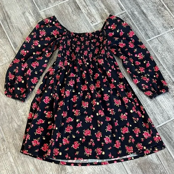 Old Navy Floral Print Dress Smocked Long‎ Sleeve Cottagecore Girl's Size 8