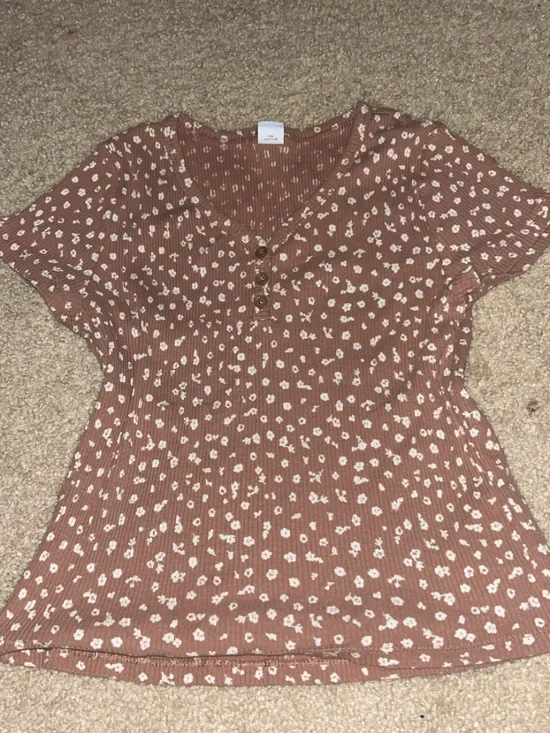 Old Navy Girls Rust Floral Ribbed Short Sleeve Henley Top