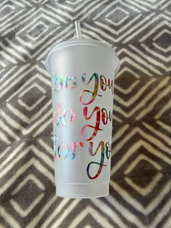 Holographic Script Reusable Frosted Tumbler Cup with Straw - White