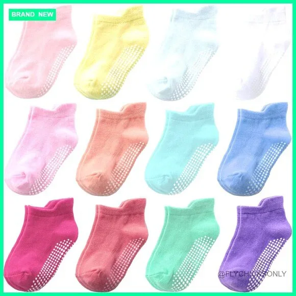 Kids Non-Slip Grip Socks 12-Pack Cotton Ankle Socks 6M-7Y