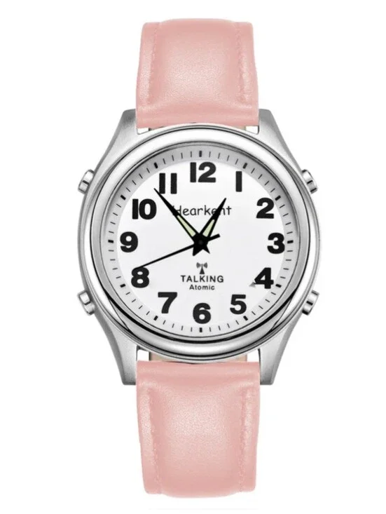Talking Atomic Watch with Pink Leather Strap and White Dial