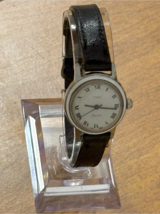 Timex Silver Case Black Leather Strap Women's Watch