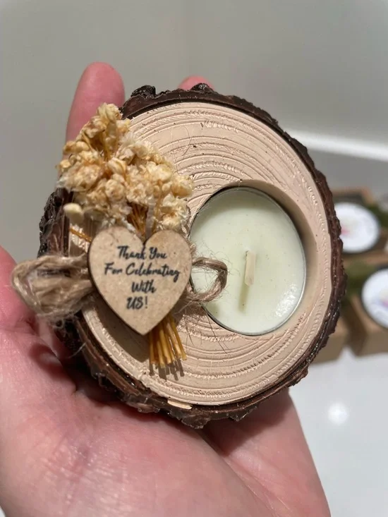 Rustic Wood Slice Tea Light Candle Holder with Dried Flower Accent - Beige