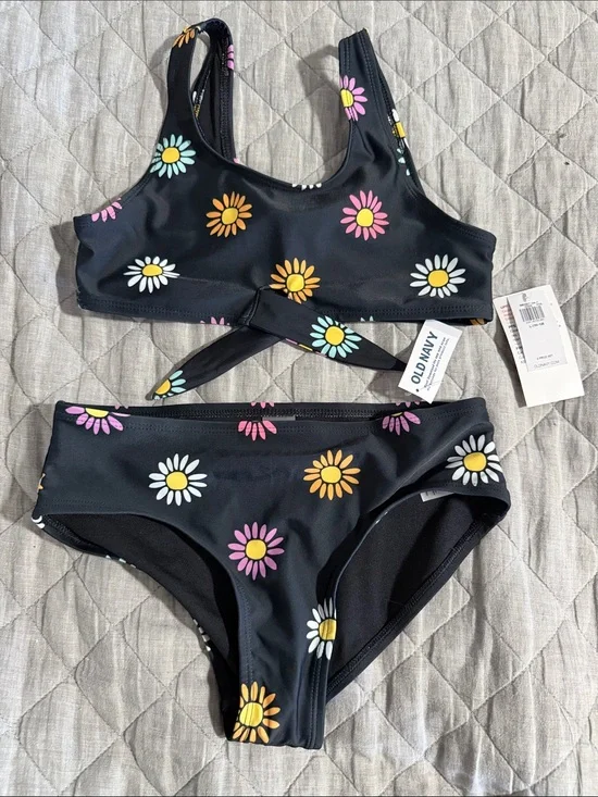 Old Navy Black Daisy Print Girls' Swim Bikini - Yellow Pink White Light Blue