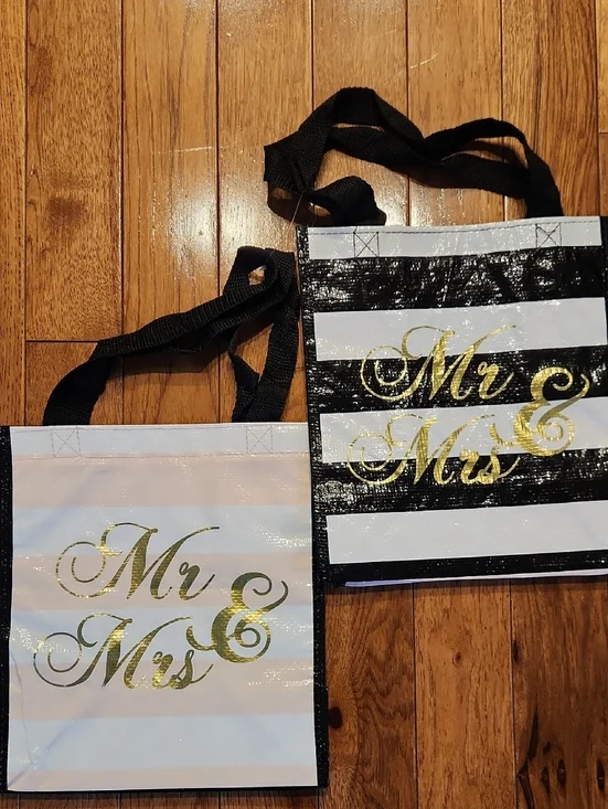 Mr & Mrs Striped Tote Bags - Black, White, Gold Gift Bags 2piece P-001
