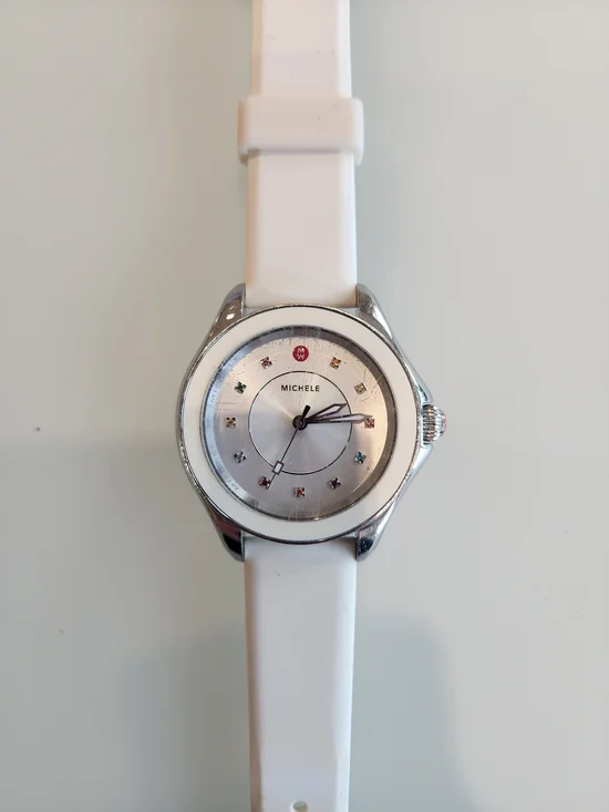 Michele White Silicone Strap Watch with Silver Dial and Crystal Markers