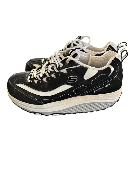 Sketchers Shape~Ups Fitness Sneaker Shoe Black White Suede Sz 9.5 Lace Up 11809