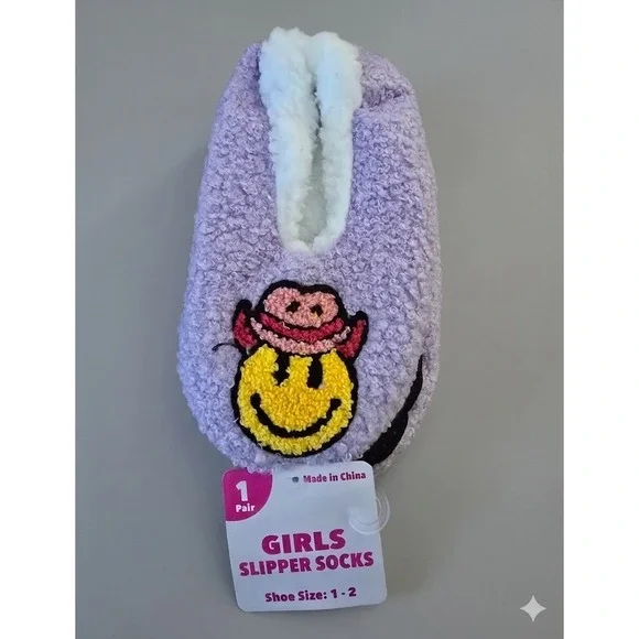Girls Purple Slipper Sock Style, Embroidered Smiley, Slip-On, Size 1-2