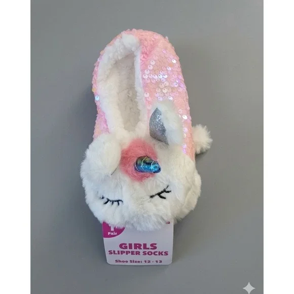 Girls Pink/White Slipper Socks Size 12-13 Faux Fur Lined Sequin Unicorn Slip-On