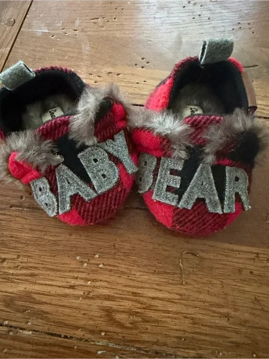 Baby Bear Red Plaid Fuzzy Lined Kids Slippers