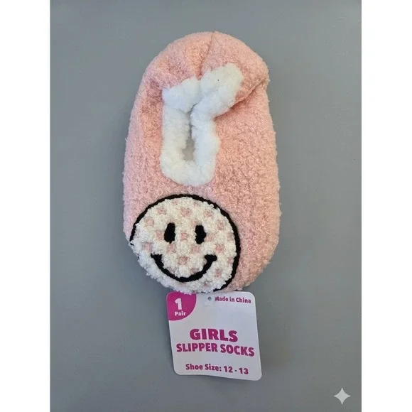 Girls Pink/White Slipper Socks Size 12-13 Faux Fur Lined Smiley Slip-On