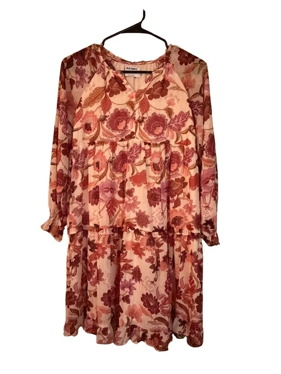 Old Navy Floral Tiered Long-Sleeve Dress in Rose and Cream