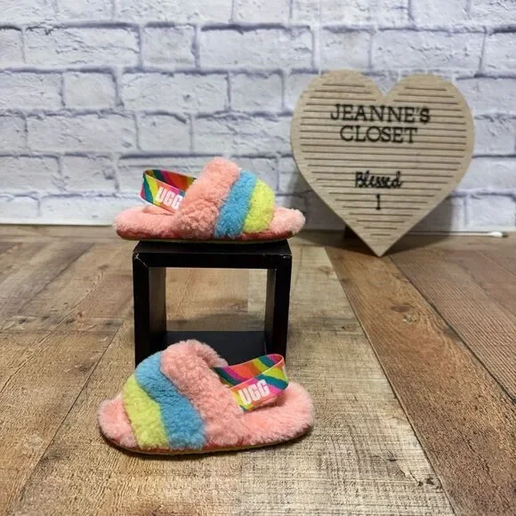 UGG FLUFF YEAH SLIDE LITTLE KID SIZE 8 PEACH BLISS MULTI SLINGBACK WOOL SANDAL