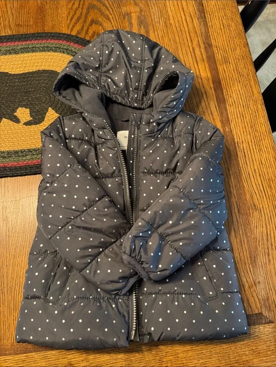 Old Navy Navy Hooded Puffer Jacket with White Polka Dots