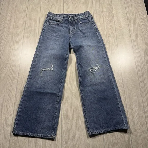 Old Navy High Rise Baggy Wide Leg Jeans Girls 12 (fits 26x24.5) Distressed Torn