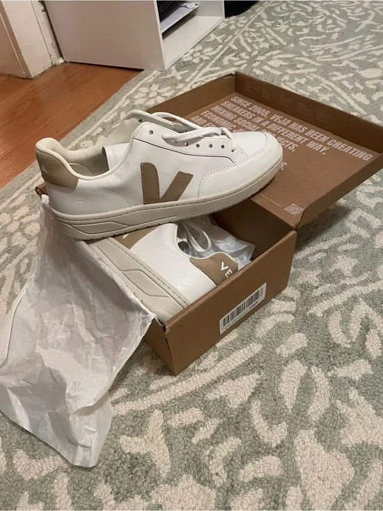 Veja V-12 Leather Sneakers in White and Beige