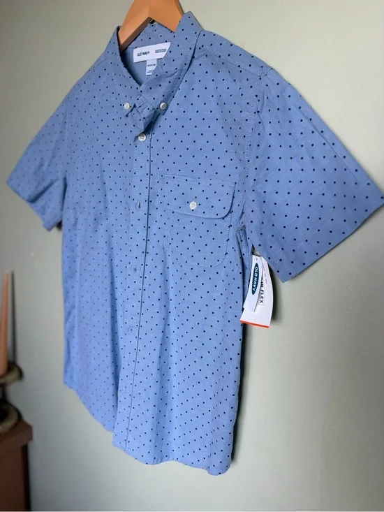 Old Navy Light Blue Cotton Short-Sleeve Shirt Poka Dot Size XL (14-16) Preppy