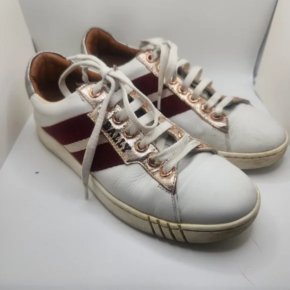 Bally Women's Size 5.5 White Leather Sneakers‎ with Burgundy Stripe Switzerland
