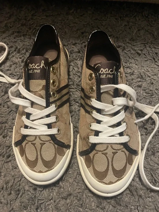 Coach Low Top Signature Canvas Sneakers in Khaki and Chestnut