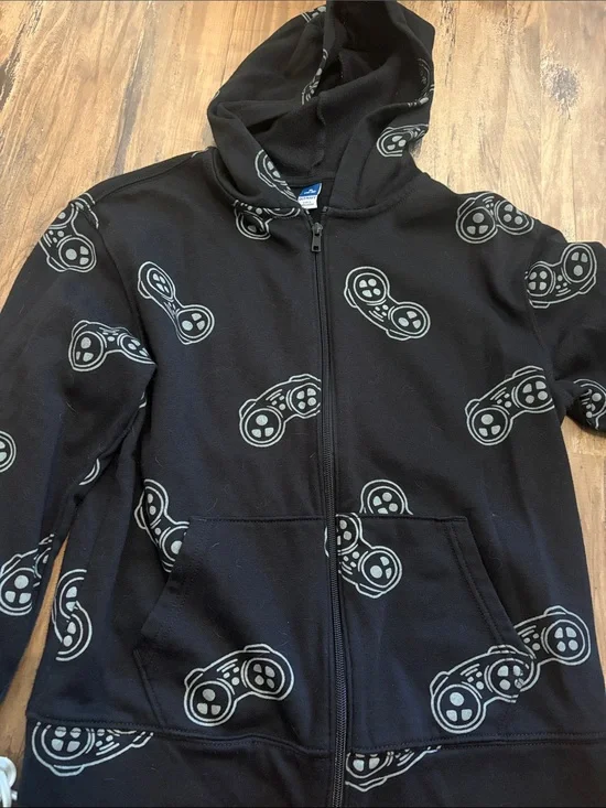 Old Navy Black Full-Zip Hoodie with White Controller Graphics