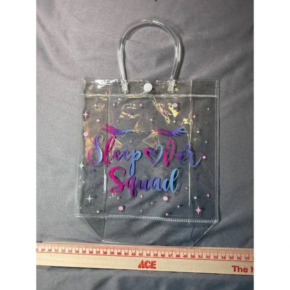 NEW 14 Sleepover Squad Clear PVC Tote Bags. Iridescent Writing