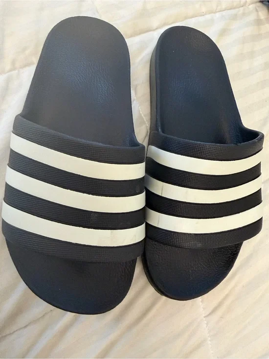 Black Slide Sandals with White Stripes