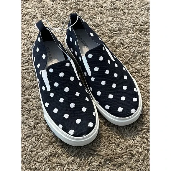 NWT Old Navy Girls‎ Unisex Slip-on Casual Shoes Navy Blue Polka Dot Size 2