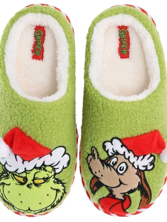 Dr. Seuss Boys Grinch Holiday Slippers w/ Characters in Front, Size: 13-1 Youth.