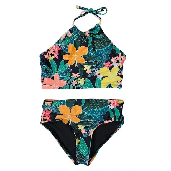 Old Navy‎ Girls Size 6-7 Small Black Floral Tropical Crop Halter Bikini Set