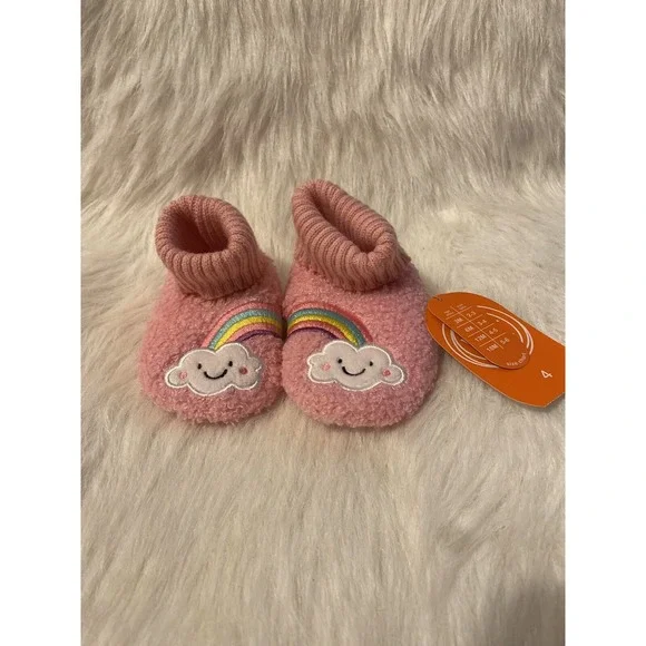 Wonder‎ Nation Slippers Girl's Size 4 Pink Fuzzy Rainbow Bootie Shoes